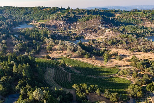 Aerial view of lush green hills, water lakes, and cultivated fields in a scenic landscape.